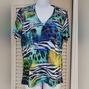 Alison Sheri Vibrant Blue and Green V-Neck Women's Top